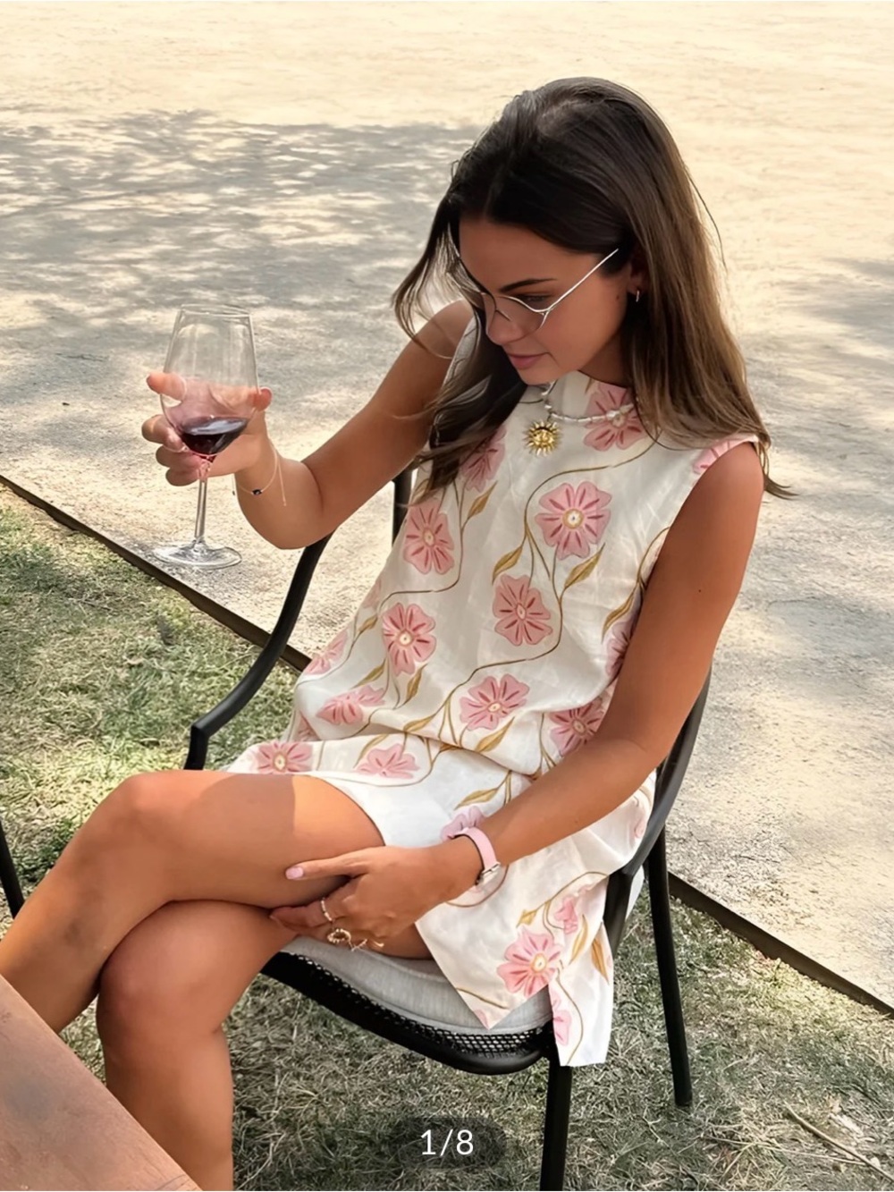 Commense Cream Mini Dress with Pink Floral Embroidery